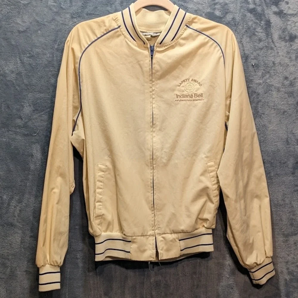 Vintage Swingster Indiana Bell Safety Award Bomber Jacket Cream Blue Unisex L